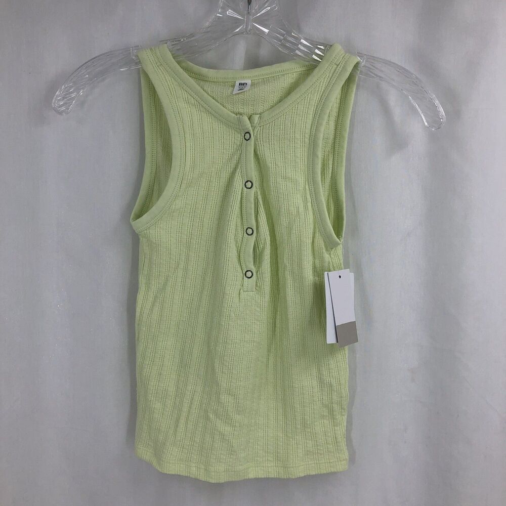 BP. Rib Henley Tank 1/2 Snap Green Limecream Sleeveless BP437413MI XXS NWT